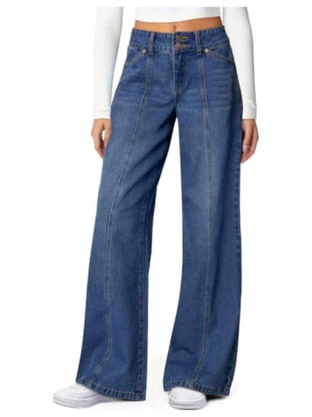 Wide Leg High Waisted Stretchy Seamed Front Jeans Dual Button